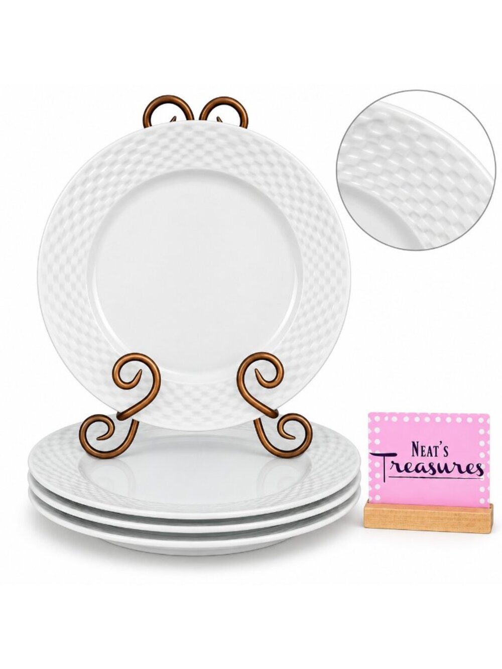JCPenny Home BASKET WEAVE White Embossed Porcelain 10 3/4" Dinner Plates Set 4